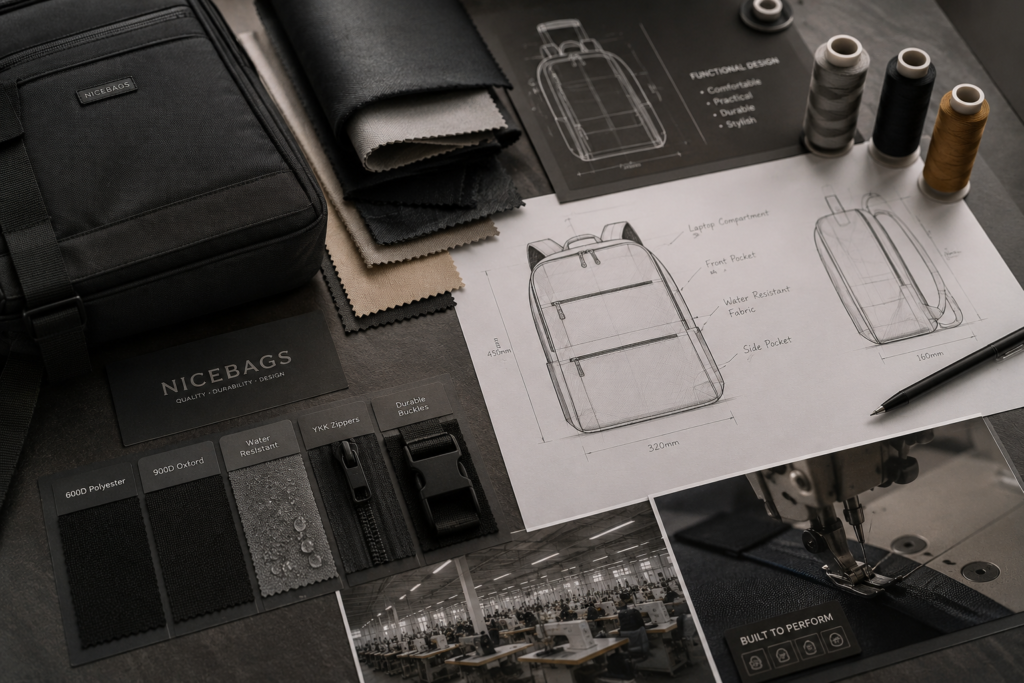 Backpack material samples and product development process