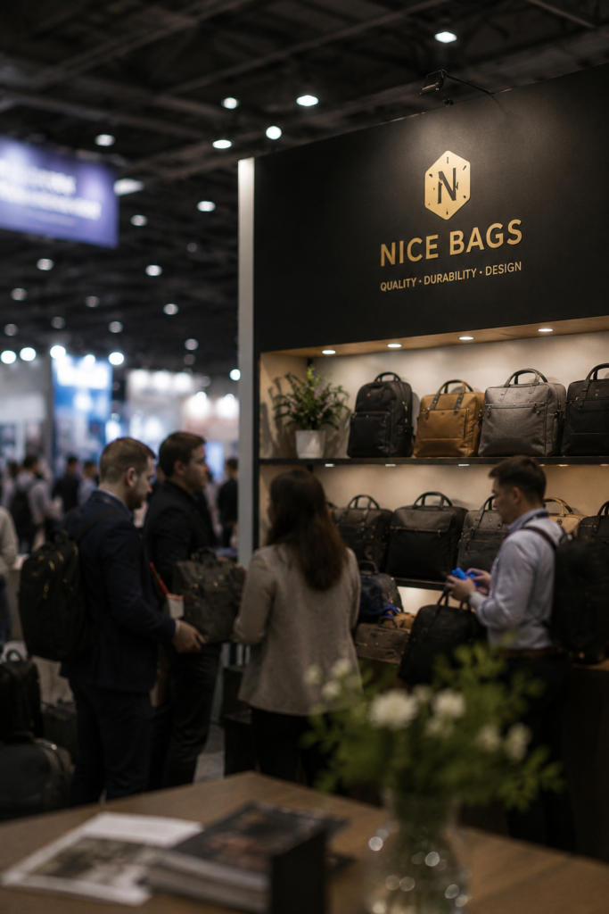 International bag exhibition booth with backpack displays