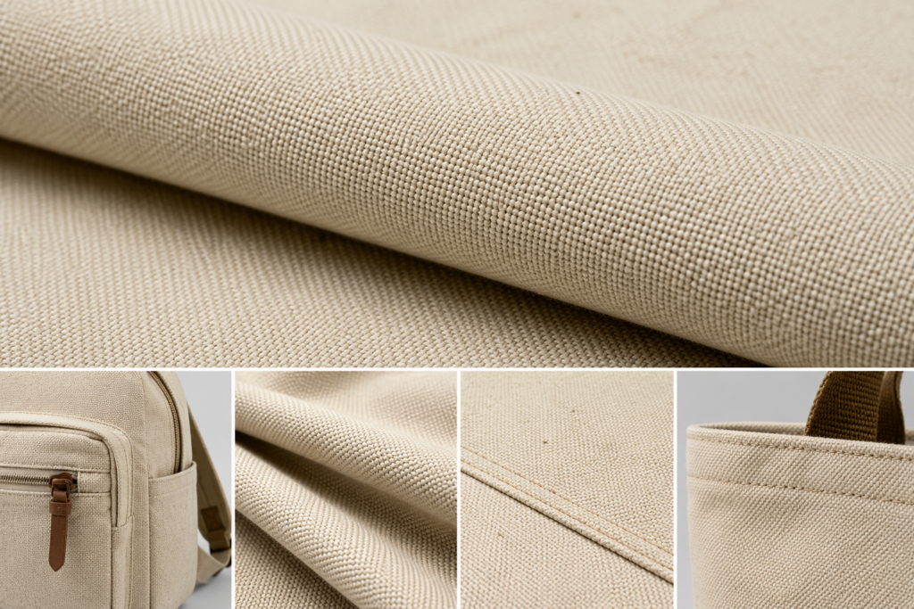 Close-up of beige canvas fabric with textured weave and stitching, used for backpacks and tote bags