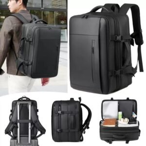 Black vacuum backpack expandable business travel PU leather laptop bag large capacity water resistant front view