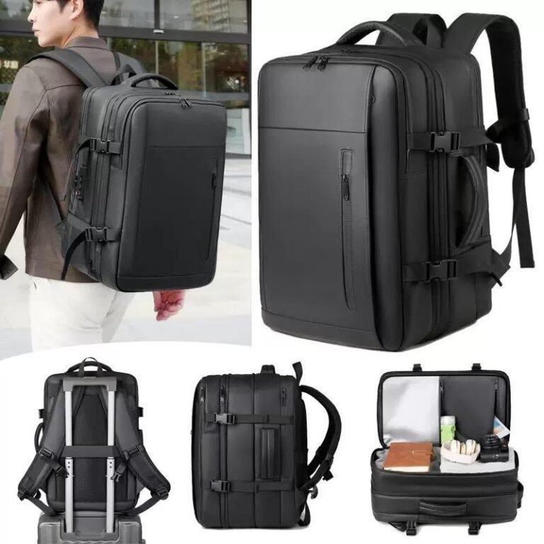 Black vacuum backpack expandable business travel PU leather laptop bag large capacity water resistant front view