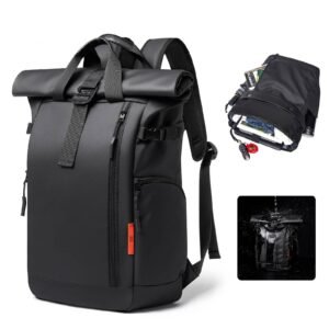 Water-Resistant Expandable Modern School Casual PU Leather Roll Top Backpack