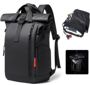 Water-Resistant Expandable Modern School Casual PU Leather Roll Top Backpack