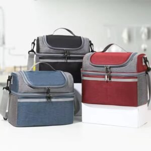 Double Layer Thermal Lunch Bag with Plastic Zipper Handle Waterproof Insulated Picnic Storage Cooler Bag