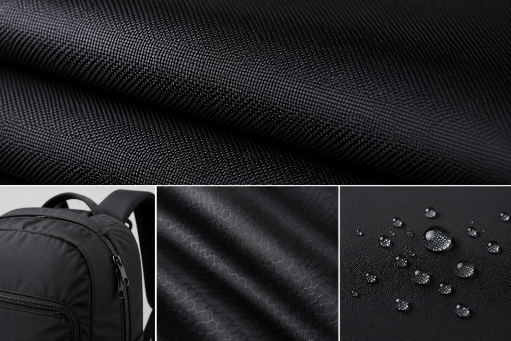 Close-up of black nylon fabric with water-repellent surface and ripstop texture, suitable for backpacks and outdoor bags
