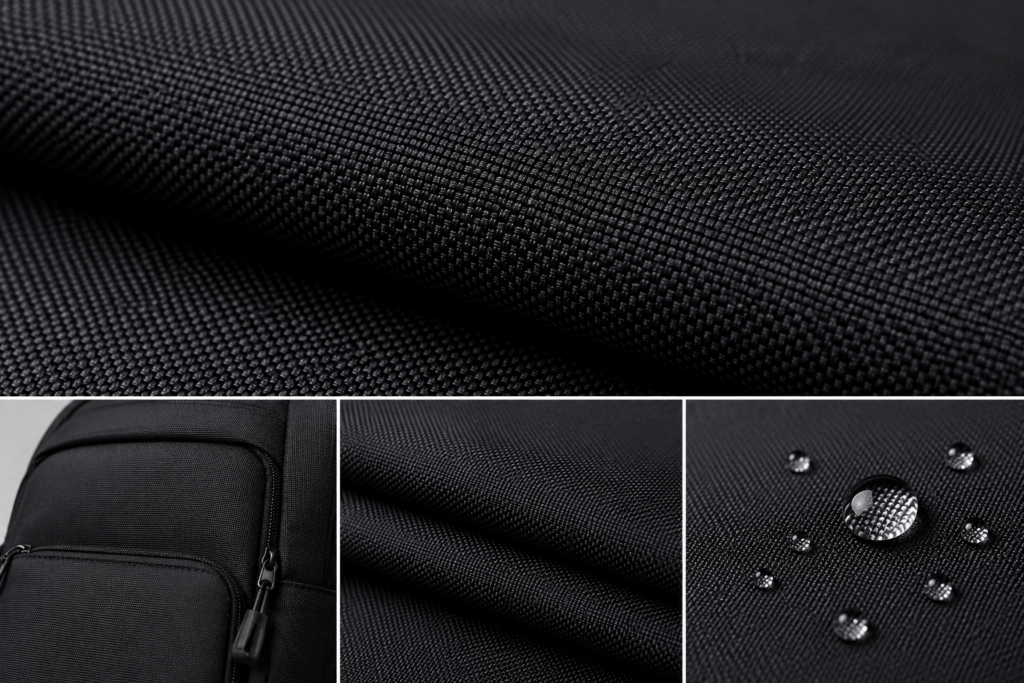 Close-up of black Oxford fabric showing tight woven texture and slight water resistance, used in backpacks and travel bags