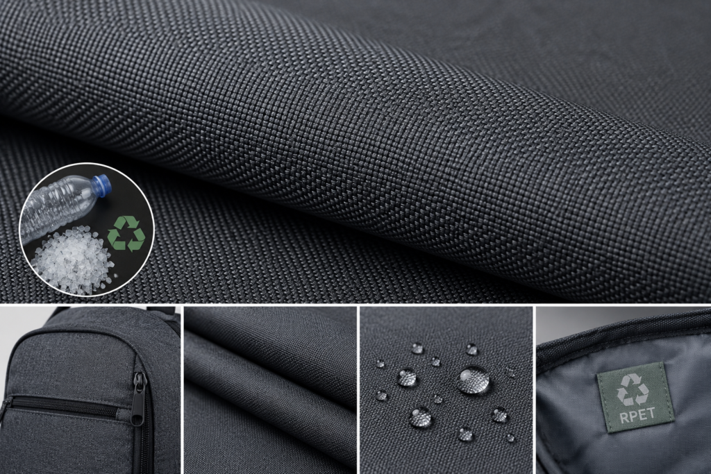 Close-up of dark gray RPET recycled fabric with eco-friendly recycled material details, used for sustainable backpacks