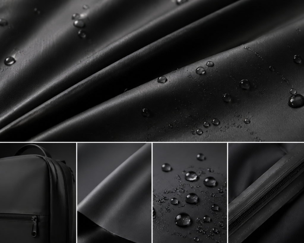 Close-up of black waterproof coated fabric with droplets, highlighting water-repellent properties for bags