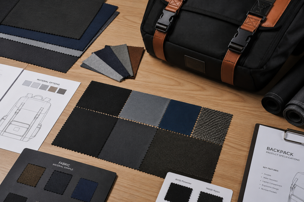 Different backpack materials including polyester, nylon, Oxford fabric and RPET fabric samples for backpack manufacturing