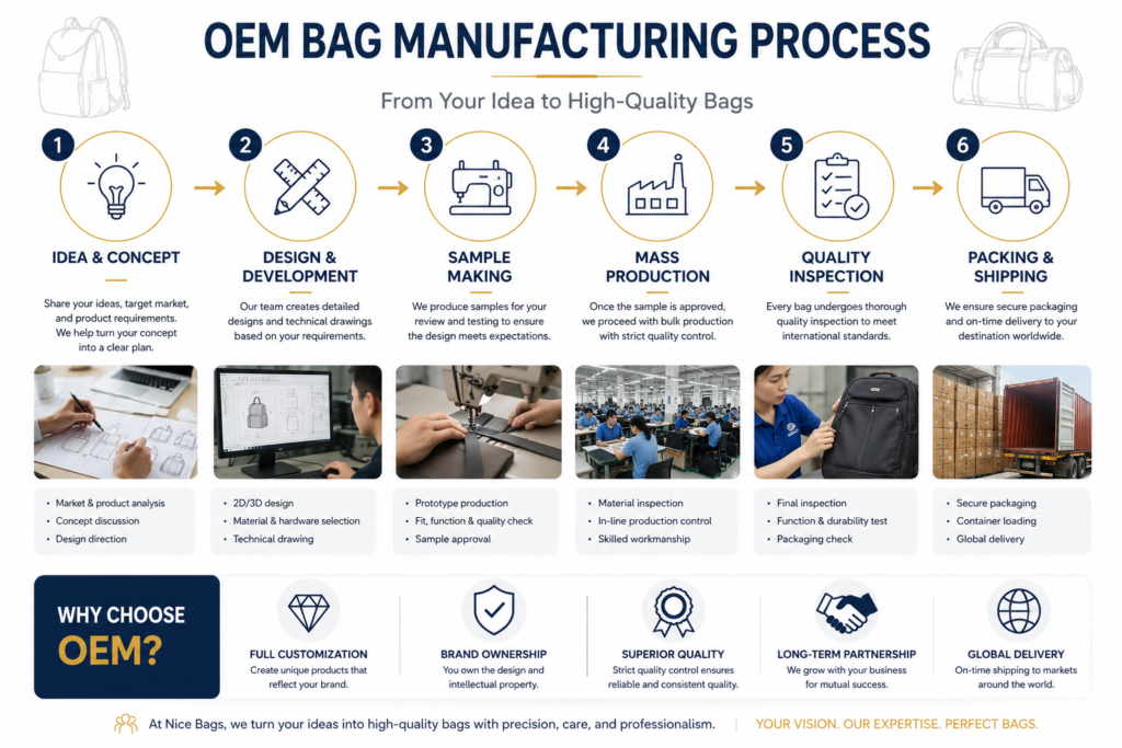 OEM bag manufacturing process from product design to global delivery