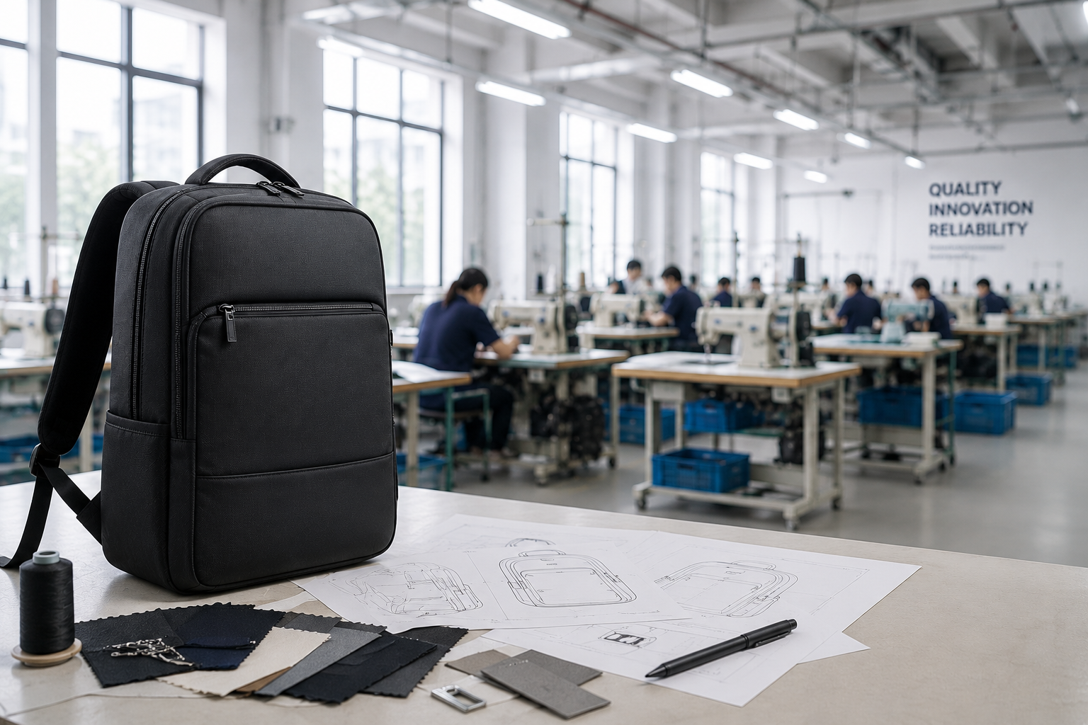 Business backpack prototype with factory production and custom bag development