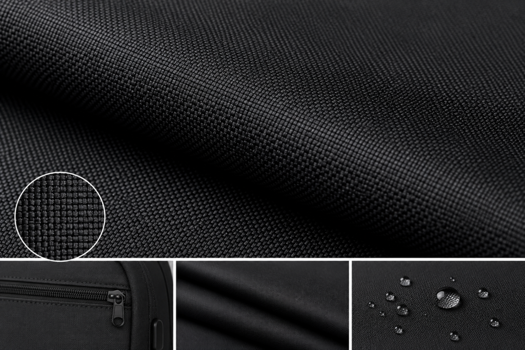 Close-up of black polyester fabric with woven texture, highlighting its lightweight, wrinkle-resistant, and durable qualities for backpacks