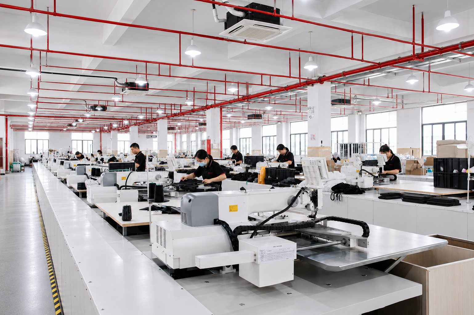 automated backpack production line inside Nice Bags bag manufacturing factory providing high-capacity OEM ODM services
