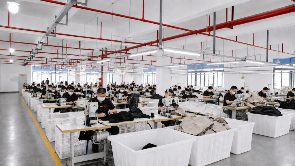 Factory interior showing production lines with employees operating sewing machines and assembling bags