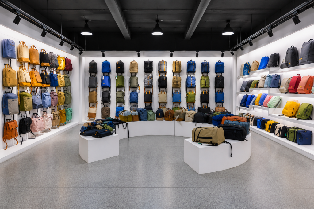 Sample room with prototypes, fabric swatches, and work-in-progress bag samples arranged for evaluation
