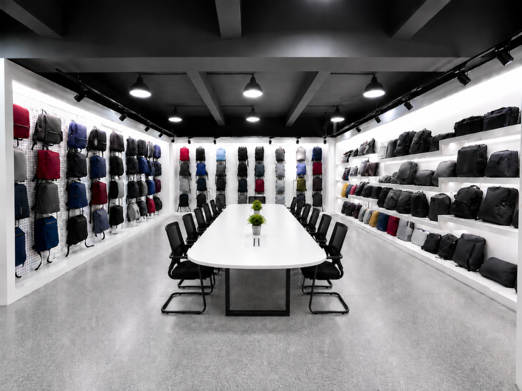 Showroom display with finished backpacks, duffle bags, and totes demonstrating available OEM and ODM bag designs