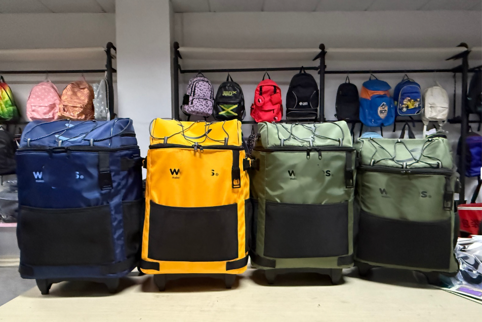 Cooler bag trolley original supplier sample compared with three finished colorway samples