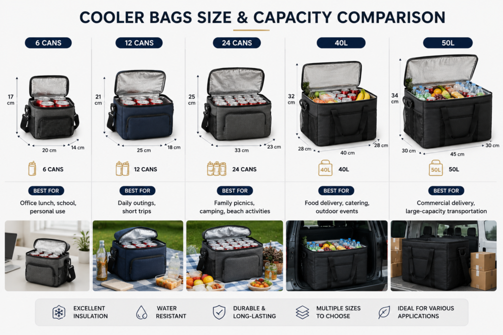 Cooler bags size and capacity comparison from 6 cans to 50L for different business applications