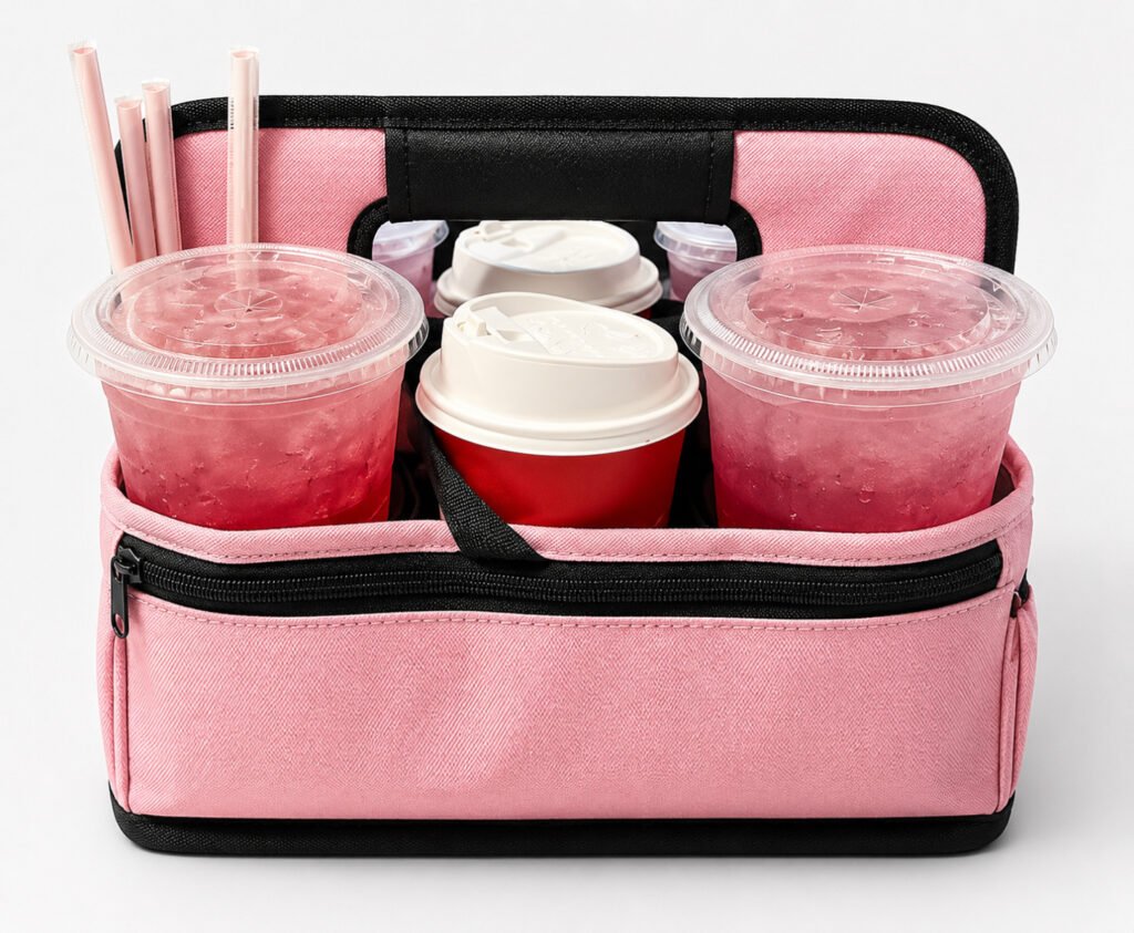 Custom four-cup insulated drink carrier tote in pink, holding hot and cold beverages
