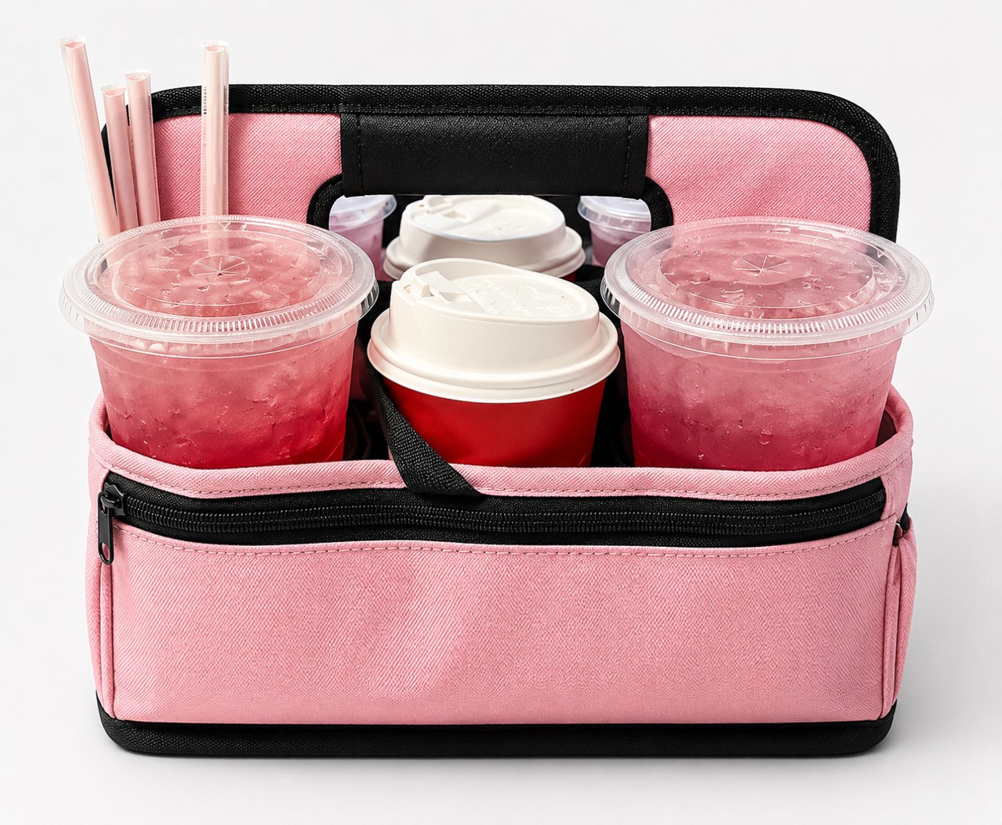 Custom four-cup insulated drink carrier tote in pink, holding hot and cold beverages