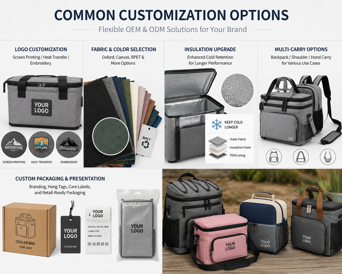 Custom logo printing examples on OEM portable cooler bags