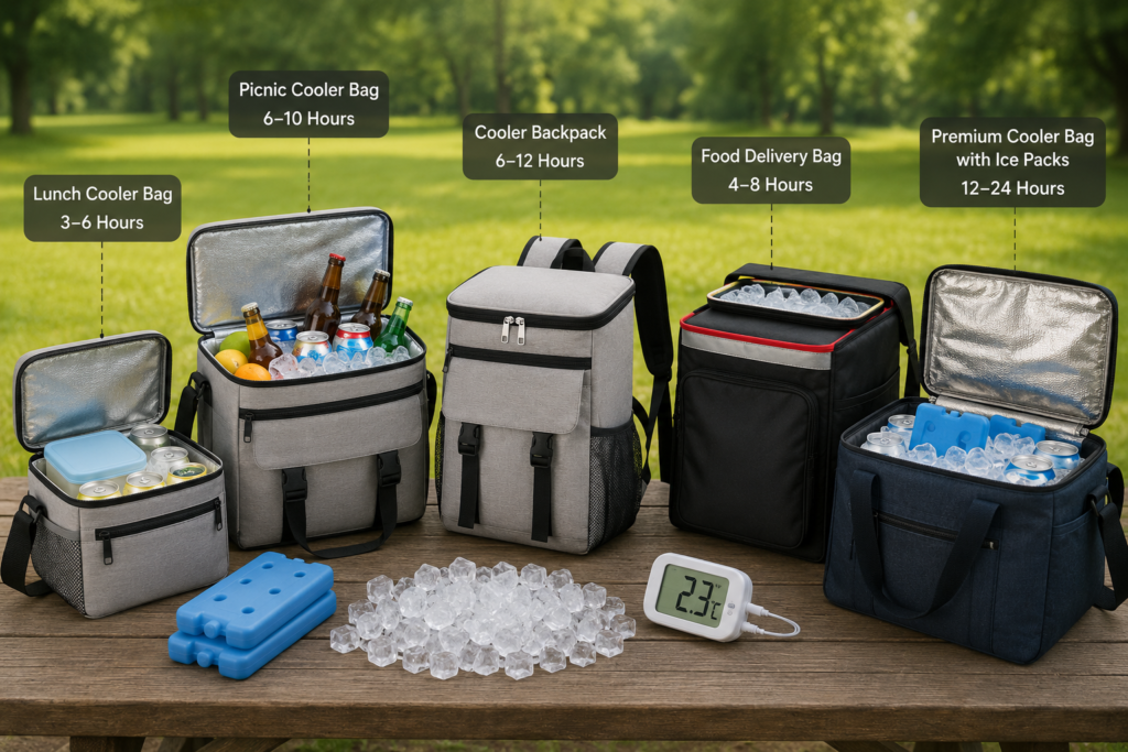 Different cooler bags with typical cooling performance for various applications