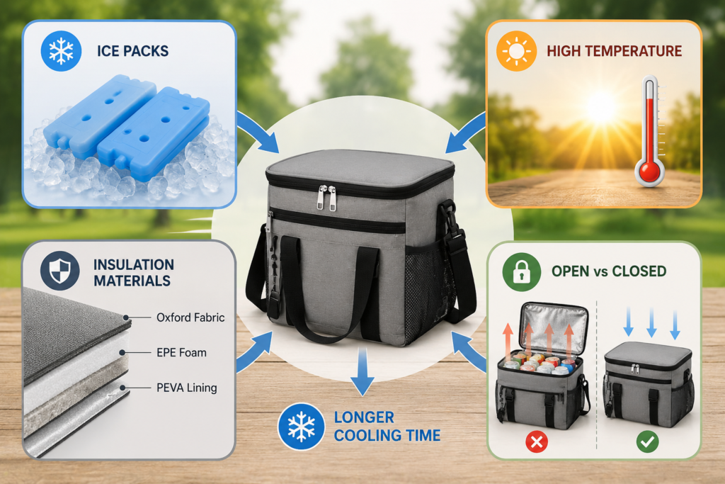 Key factors affecting cooler bag cooling performance including insulation materials, ice packs, ambient temperature, and bag opening frequency