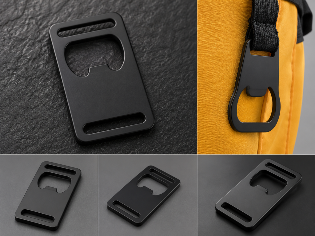 Metal bottle opener attached to cooler bag mesh pocket with elastic strap