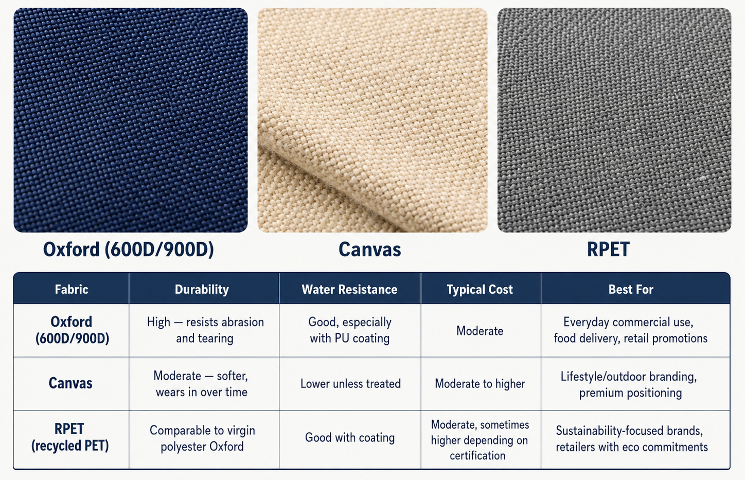Oxford fabric, canvas, and RPET material comparison for cooler bag manufacturing