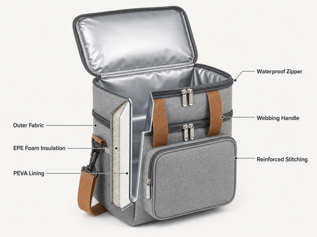 Portable cooler bag interior structure showing insulation layer and PEVA lining