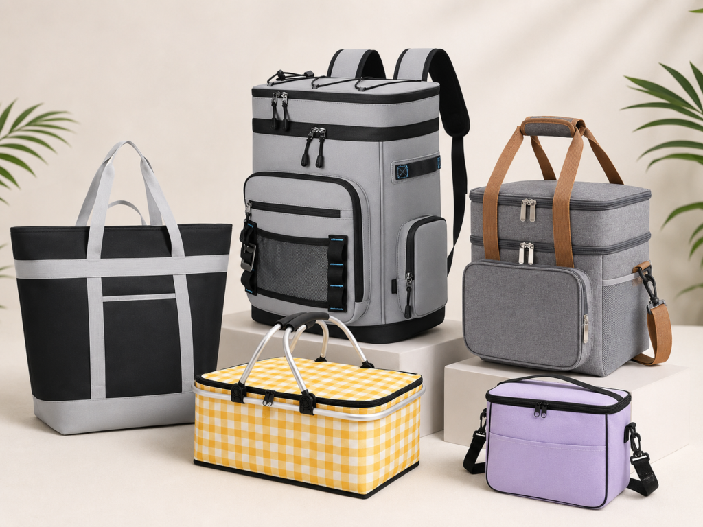 Portable cooler bag manufacturer product range including backpack, tote, and picnic basket styles