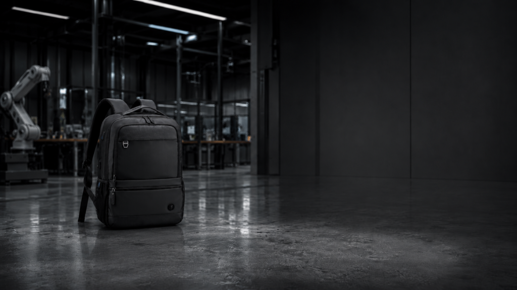 premium custom business backpack in a high-end manufacturing facility for OEM ODM production