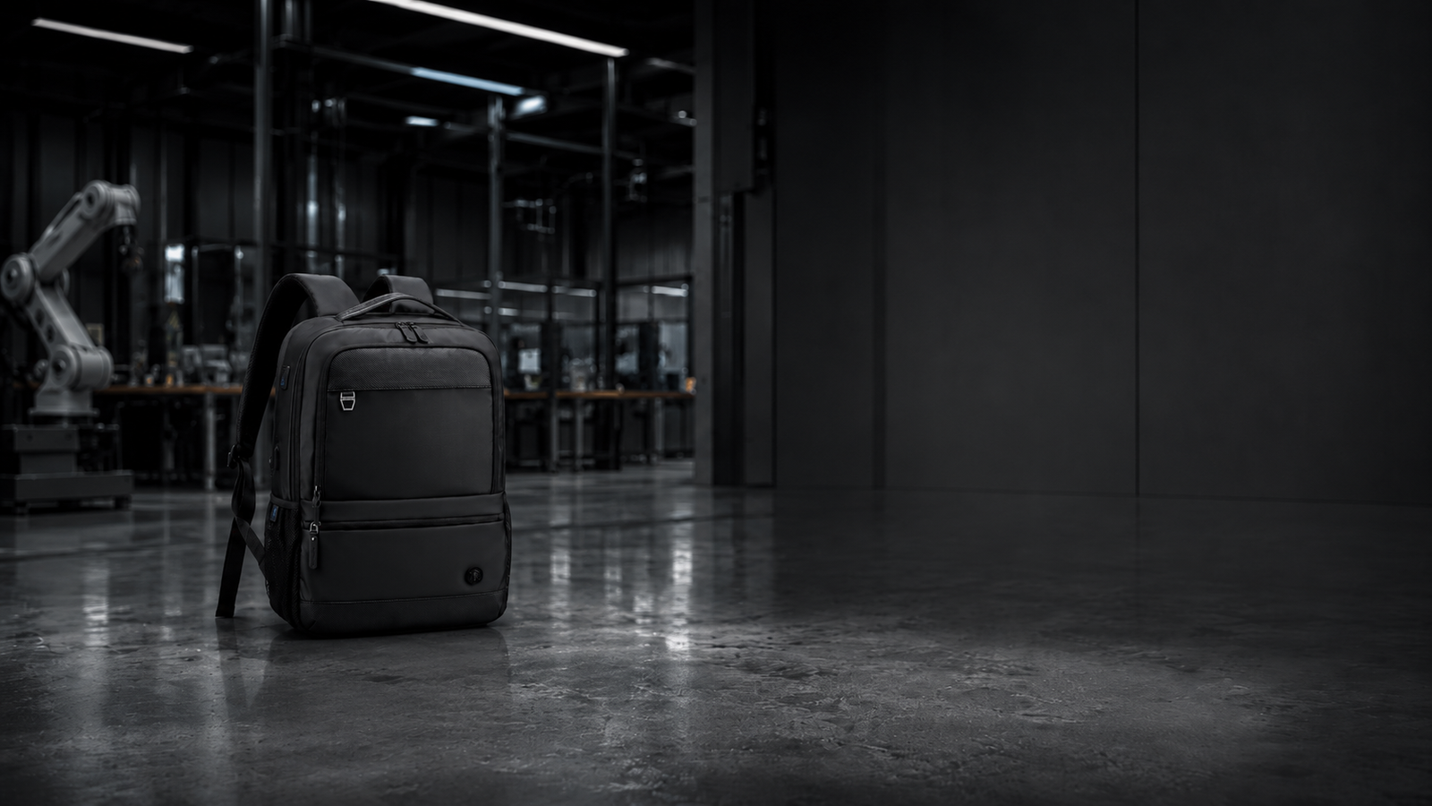 premium custom business backpack in a high-end manufacturing facility for OEM ODM production