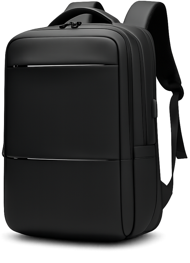 Matte black premium business laptop backpack for daily commute and corporate gifting, sleek expandable tech daypack wholesale OEM ODM manufacturing