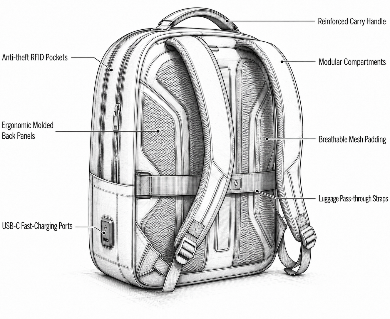 Technical schematic drawing of a custom business backpack, demonstrating the OEM ODM bag and backpack manufacturing capabilities of Nice Bags.
