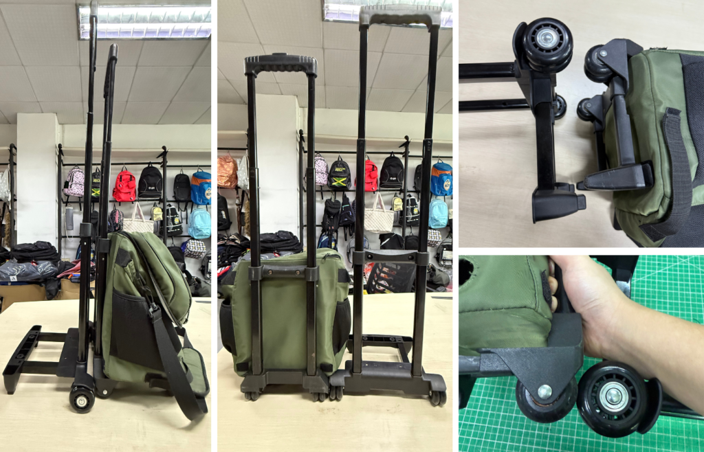 Telescopic trolley handle and wheel assembly measured during sample inspection