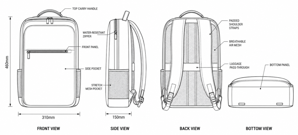 custom business backpack design tech pack blueprint with precise dimension specifications and industrial oem engineering line art annotations