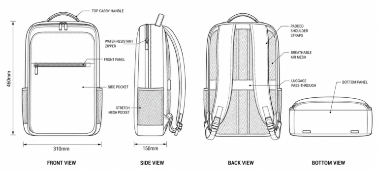 custom business backpack design tech pack blueprint with precise dimension specifications and industrial oem engineering line art annotations