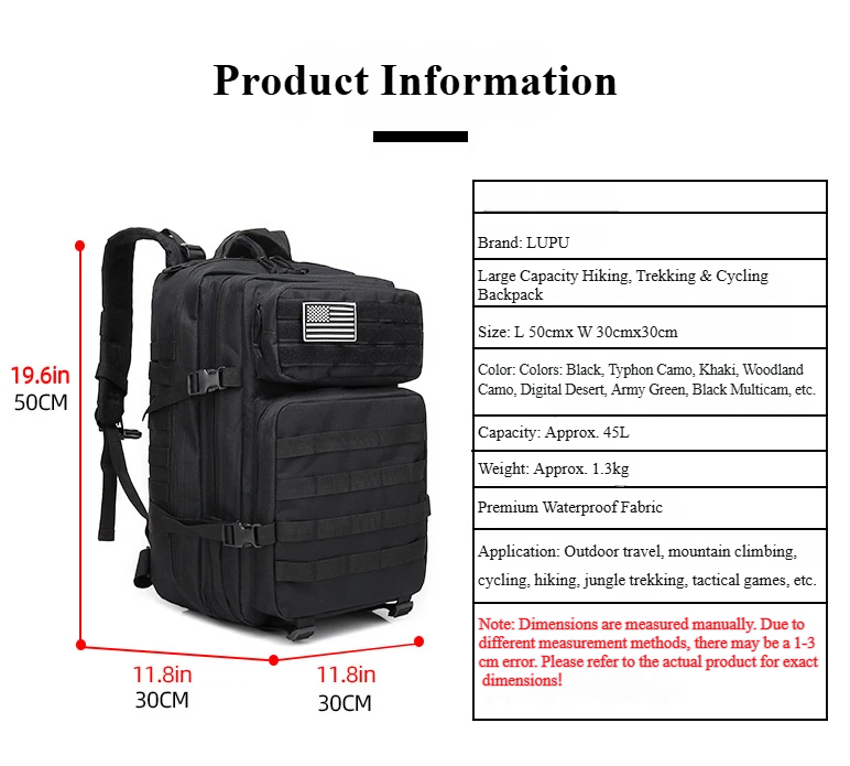 Nice Bags 45L military tactical backpack product specifications and size chart