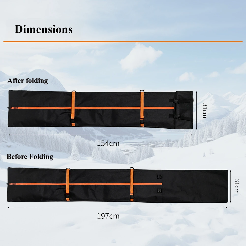 Nice Bags snowboard bag dimensions chart showing 154cm folded and 197cm unfolded lengths
