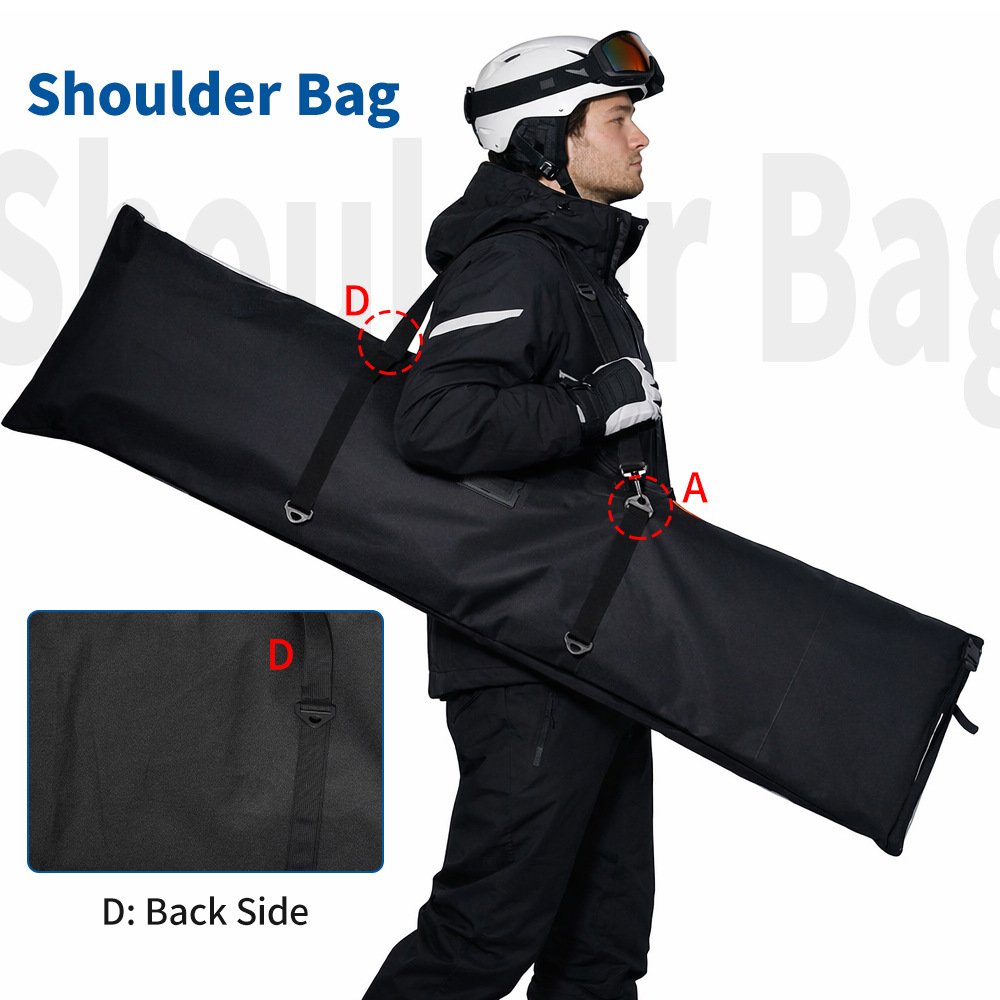 Nice Bags shoulder carry style diagram showing D-ring clip attachment points for ski bag