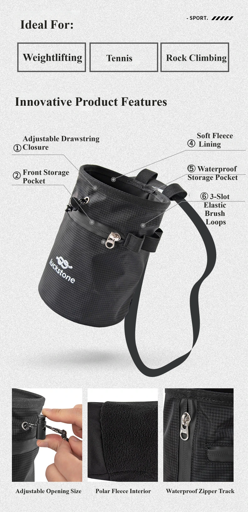 Nice Bags innovative chalk bag features overview for weightlifting, tennis, and rock climbing