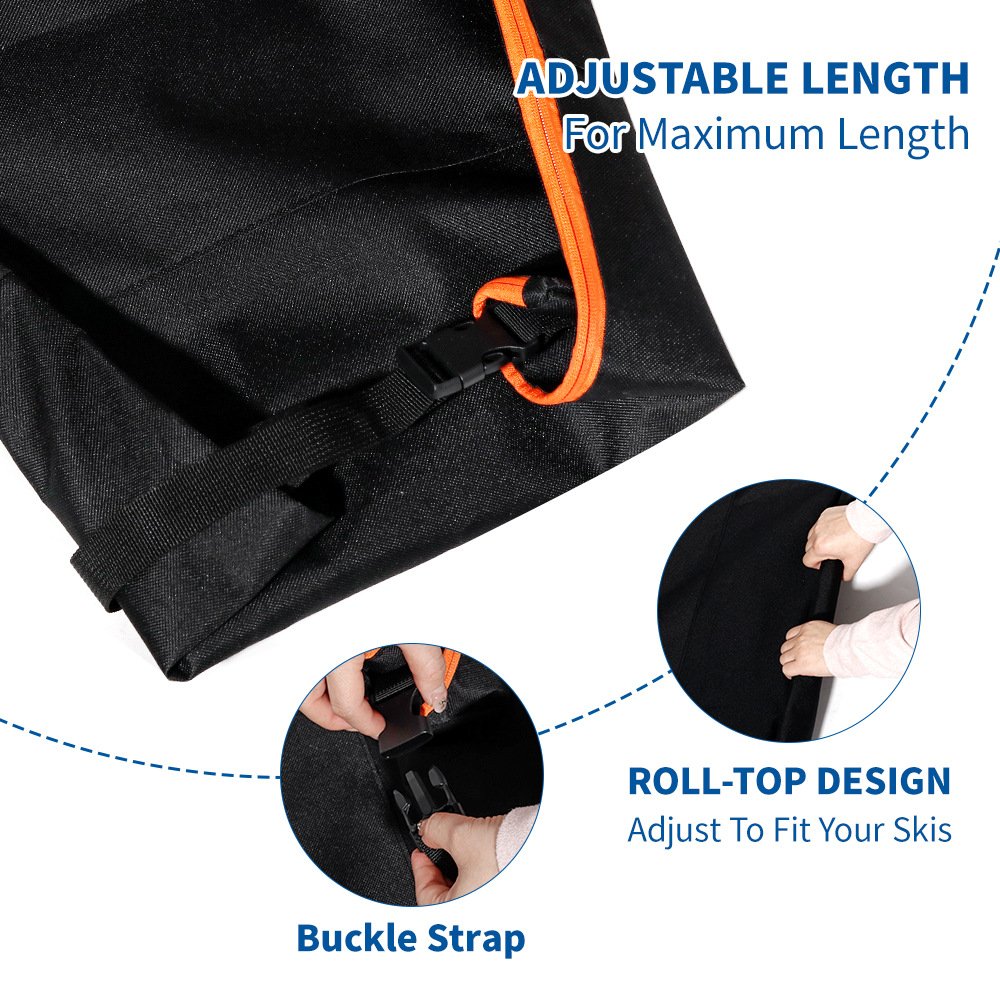 Nice Bags roll-top design ski bag feature showing adjustable length buckle straps