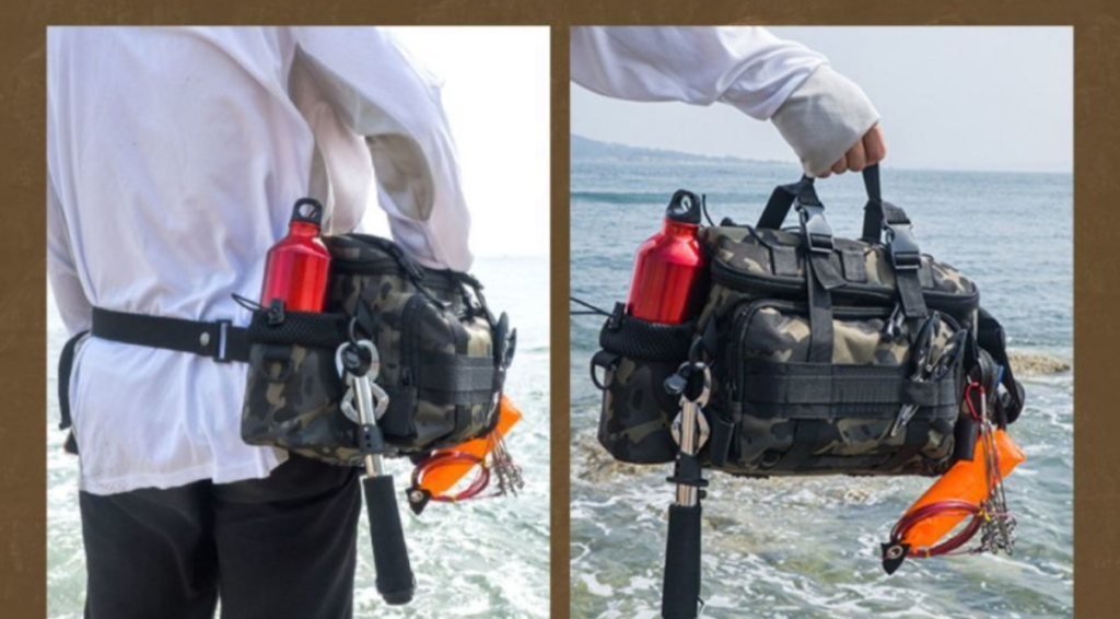 Two ways to carry Nice Bags fishing bag: cross-body shoulder strap and top handle