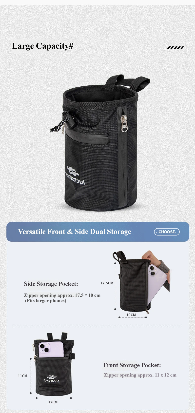 Nice Bags large capacity chalk pouch with versatile front zipper pocket and side storage