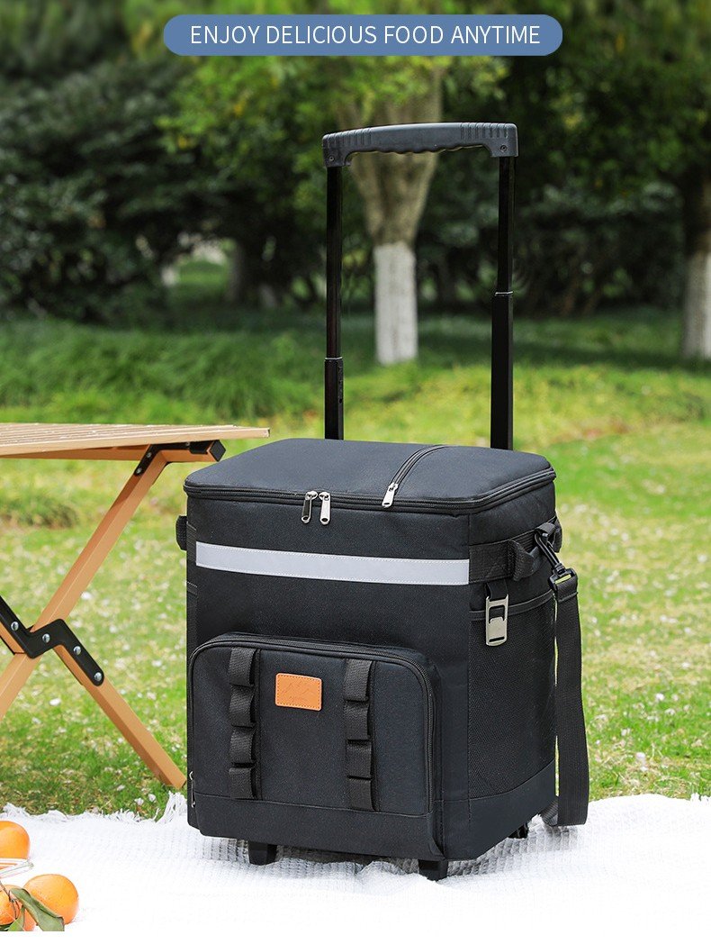 Rolling cooler bag with telescopic handle set up outdoors on grass