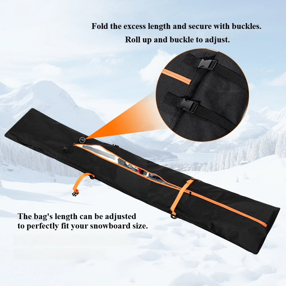 Nice Bags roll-up length adjustment feature showing buckles for custom snowboard fit