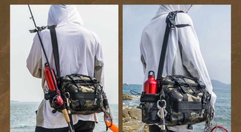 Angler demonstrating shoulder carry and side carry methods with Nice Bags fishing bag
