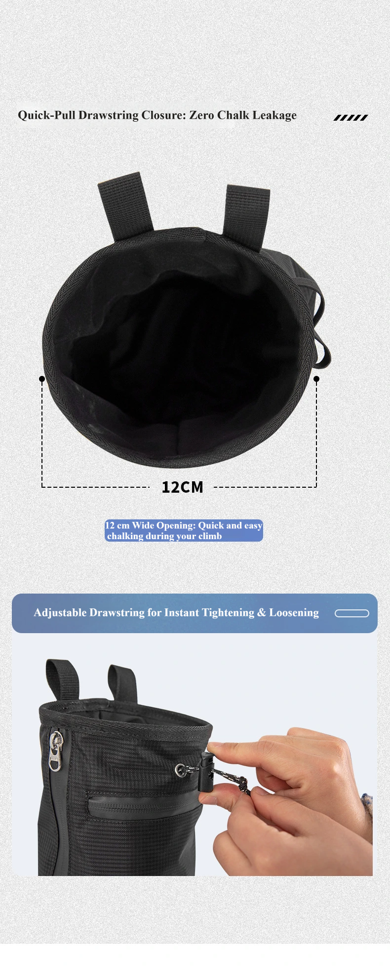 Nice Bags chalk bag drawstring closure and elastic drawstring tightener detail