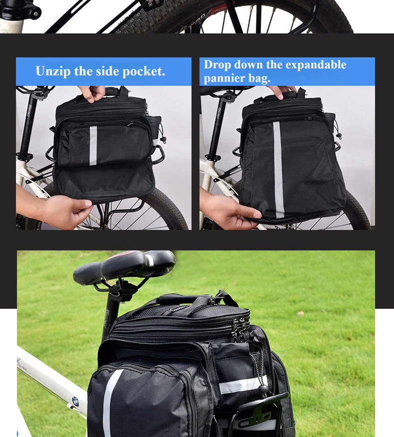 Nice Bags step-by-step demonstration of unzipping side pocket to expand pannier bag
